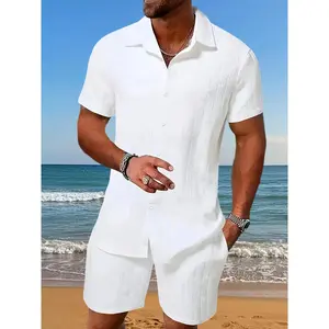 Men's Summer Two-Piece Set High-Quality Jacquard Striped Shirt & Shorts Casual Beach Outfit for Men Comfortable Versatile Summer Ensemble