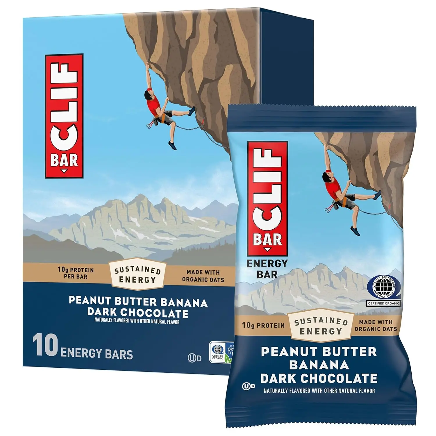CLIF BAR Protein Energy Bars, Peanut Butter Banana + Dark Chocolate, 10ct | 10g Protein, Made with Organic Oats, Non-GMO, Plant-Based, No High Fructose Corn Syrup
