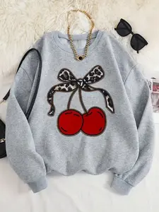 Women's Cherry Print Crew Neck Sweatshirt, Casual Fashion Long Sleeve Pullover for Daily Wear, Ladies Fall & Winter Clothes, Hoodie