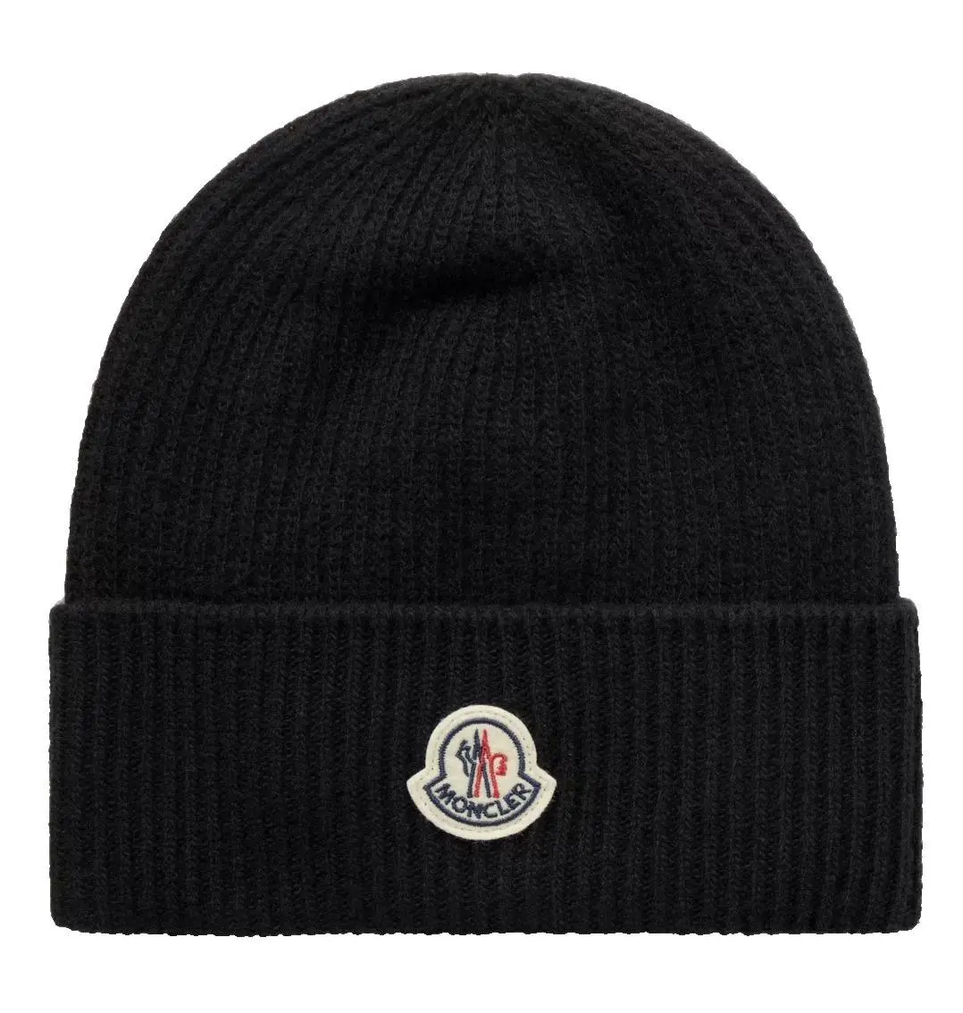 Moncler Black Rib-Knit Beanie Hat with Logo Patch, Warm Winter Collectible Sports Headwear, Unisex 1-Size Cap