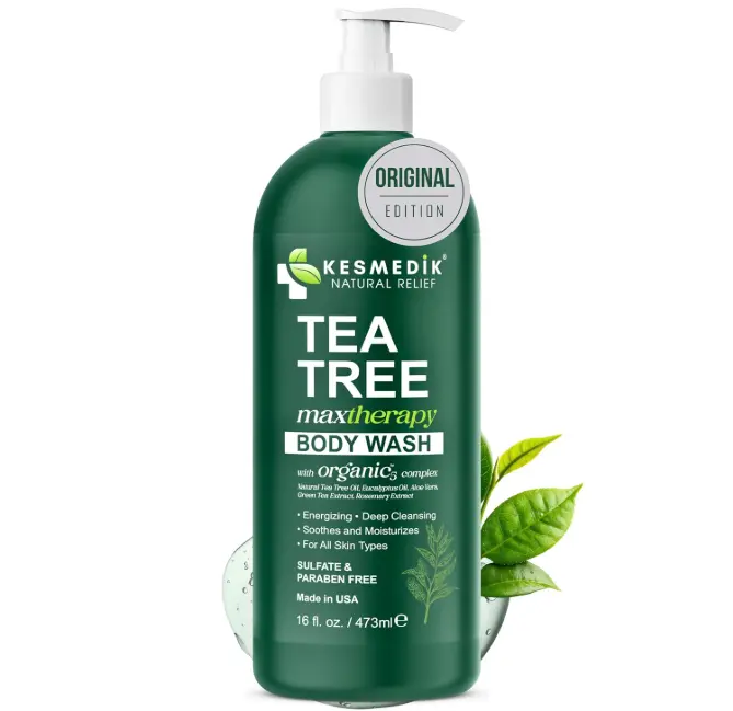KESMEDIK Tea Tree Body Wash MaxTherapy with Eucalyptus, Aloe & 100% Tea Tree Oil for Skin, Cleans, Soothes and Refreshes Sensitive, Itchy Skin, Body & Foot Soap for Men & Women, 16 fl oz