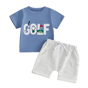 Summer Toddler Baby Boy Clothes Flagstick Golf Embroidery Short Sleeve T-Shirt and Solid Shorts Set Golf Outfits