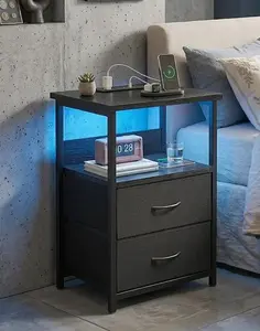 【Summergarden】Night Stand with Charging Station, LED Nightstand with U-S-B Ports and Outlets, 2 Fabric Storage Drawers with PU Finish, Small Bedside Table, Black