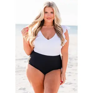 Plus Size Colorblock Flutter-Sleeve Polyamide-Elastane Stretch 1-Piece Swimsuit, White-Black, for PTO Getaways, Plus Size Swimsuits