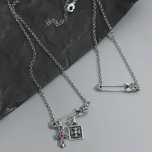 S925 Silver Non-Fading Vintage Pin Necklace Trendy Unisex Paperclip Cross Clavicle Couple Necklace