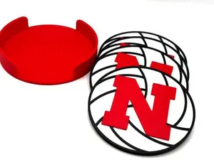 Husker Coaster Set - Durable 4 Coasters with Holder Custom Nebraska Husker Sports Team Support