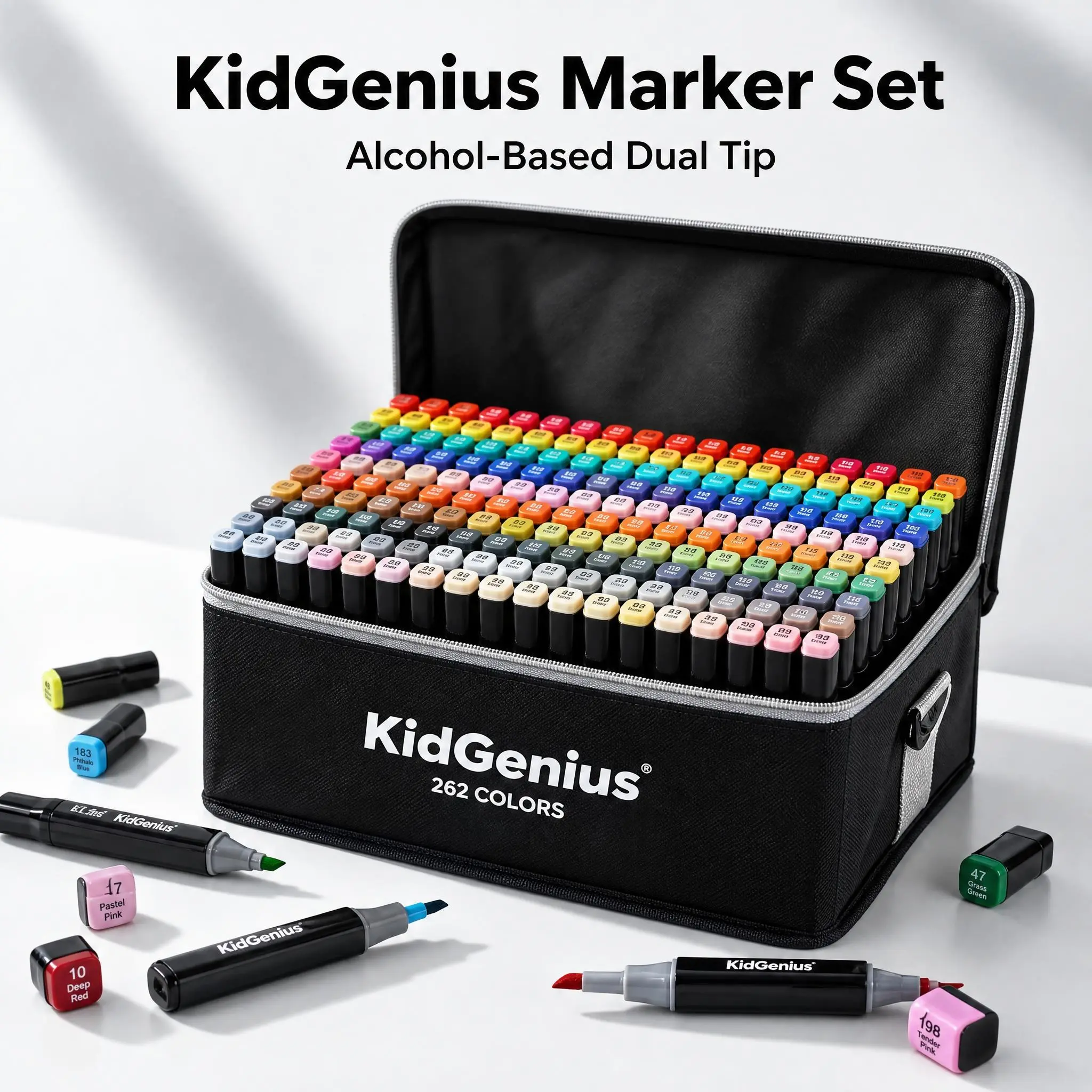 KidGenius Alcohol Art Marker Set - 262/168/120 Colors Dual-Tip Fine & Chisel, Quick-Dry Blendable Non-Toxic Ink, Markers for Coloring, Ideal for Kids Beginners, Drawing DIY School Art, Holiday Birthday Gift,familyfun