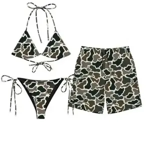 Camouflage Matching Couple Swimsuit Set, Women's Bikini Sets Two Piece Swimsuit, Camo Hunting Camo Matching Couple Bikini Sets Men's Shorts