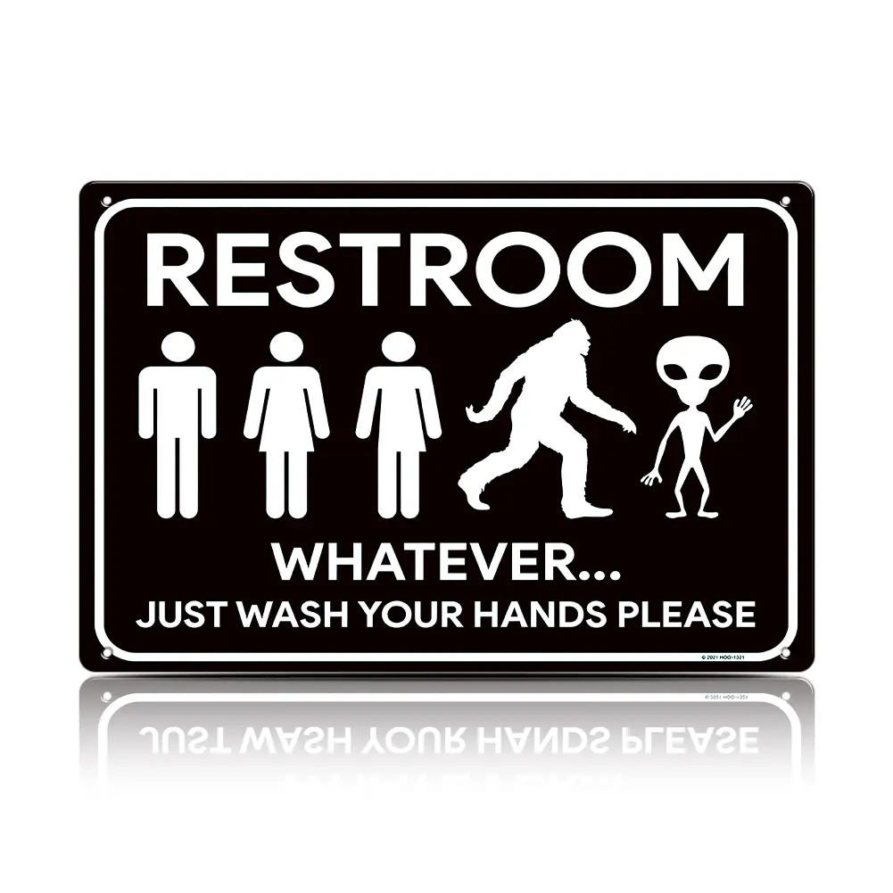 Funny Restroom Metal Sign, Bigfoot Alien Bathroom Wall Decor, Whatever Just Wash Your Hands Please Sign, Vintage Toilet Decor for Home Office Bar