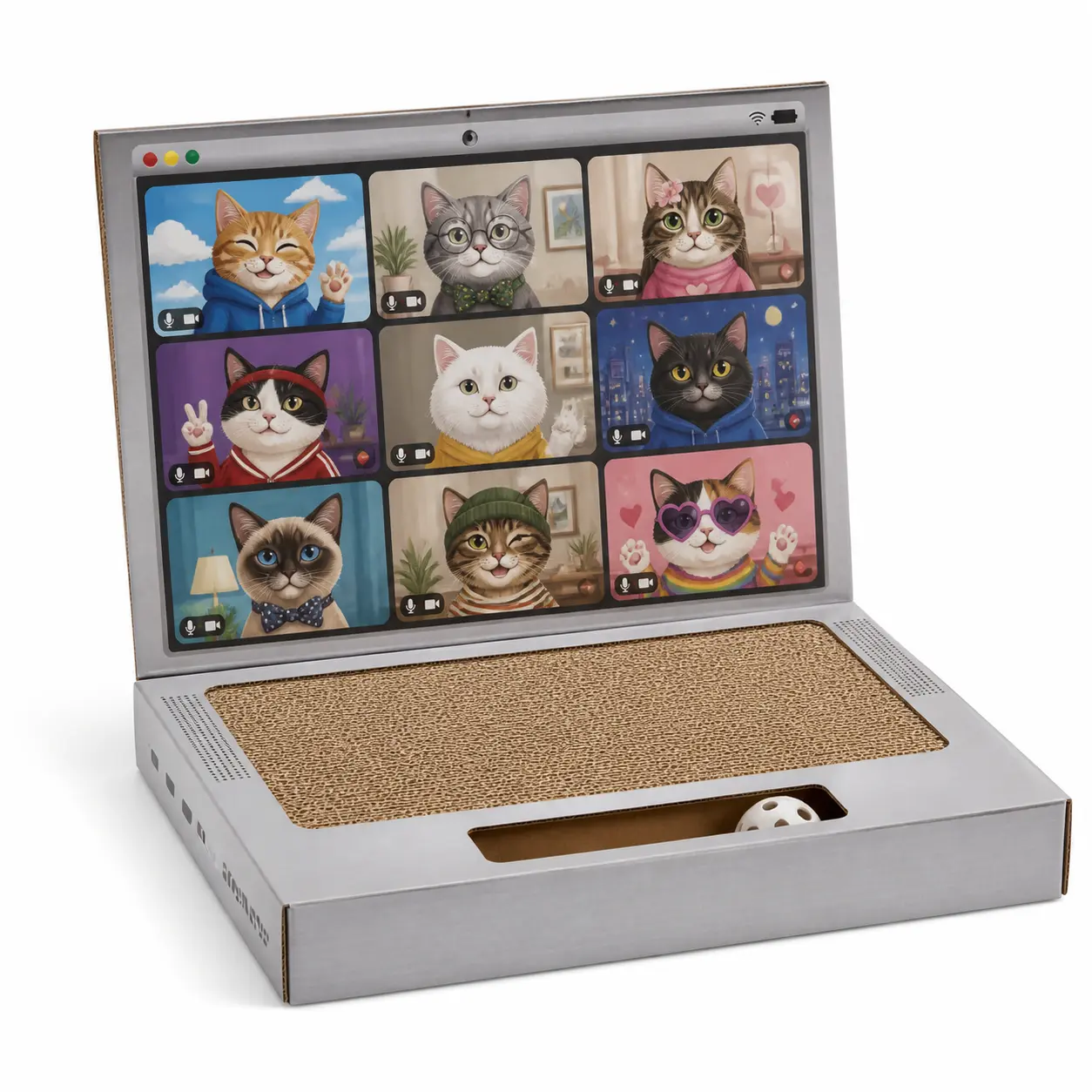 Laptop-Shaped Cardboard Cat Scratcher with Built-In Ball Track, 14.17-Inch Corrugated Scratch Pad and Interactive Desktop Toy for Indoor Cats and Kittens
