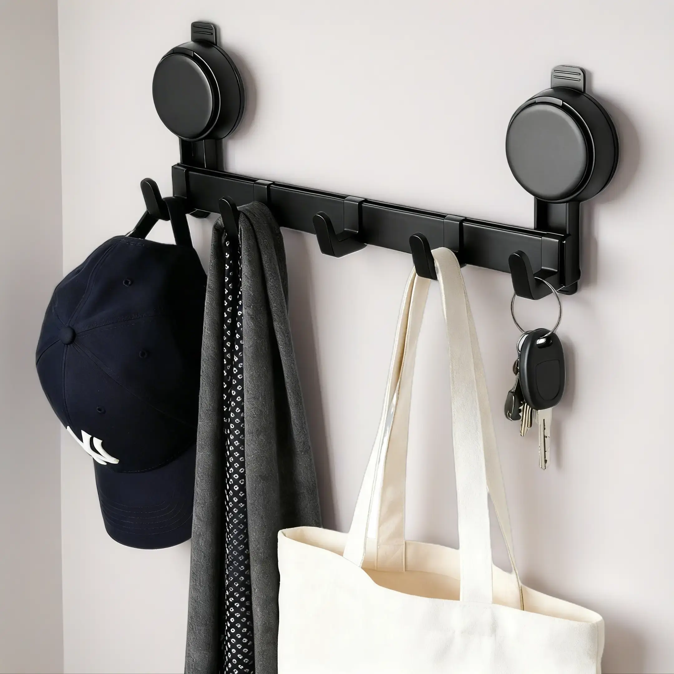 Matte Black Contemporary 5-Hook Aluminium Suction Cup Wall Rack with Hook Mount Rings - No-Drill, Damage-Free, Heavy-Duty, Reusable, Adjustable Hanger Organizer, 100% Waterproof, Renter-Friendly Laundry Storage for Glass Surfaces