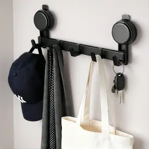 No Drill Damage Free 5 Hook Black Suction Cup Rack - Renter Friendly Reusable Adjustable Heavy Duty Wall Hanger Organizer for Entryway, Bathroom, Kitchen