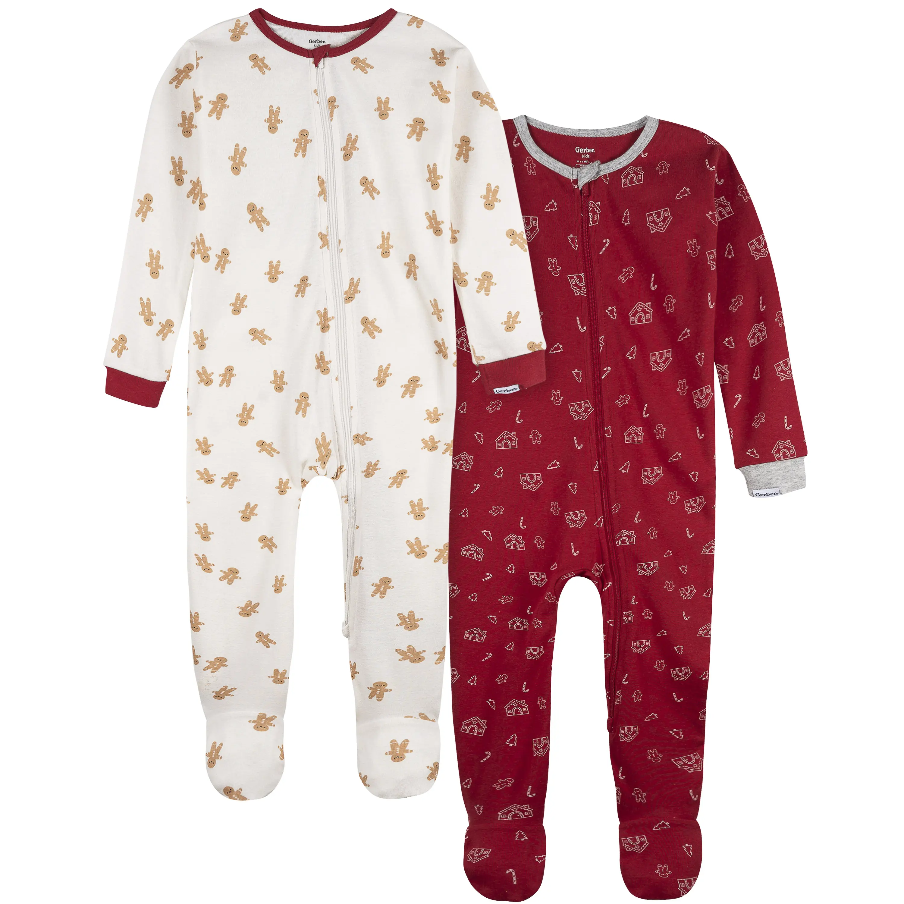 2-Piece Baby Neutral Gingerbread People Snug Fitting Footed Pajamas