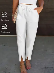 Women's Solid Color Side Split Hem Pants, Elegant Comfy Trousers for Work Office Business, Ladies Bottoms for Spring & Fall, Casual Chic Trousers