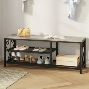    [Bellemave] Entryway Storage Bench with 2-Tier Shoe Rack, 47.2" Hallway Bench with Seating, Rustic Wood Top & Metal Frame, Shoe Organizer for Entryway, Bedroom, or Living Room, Weathered Wood