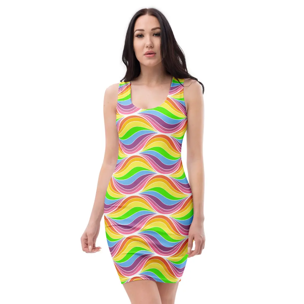 Retro Rainbow Wave Bodycon Dress, Groovy Colorful Swirl Fitted Sleeveless Dress, Funky 70s Style Racerback Dress, Trendy Bold Statement Dress, Chic Party Dress, Night Out Outfit, Gift for Her