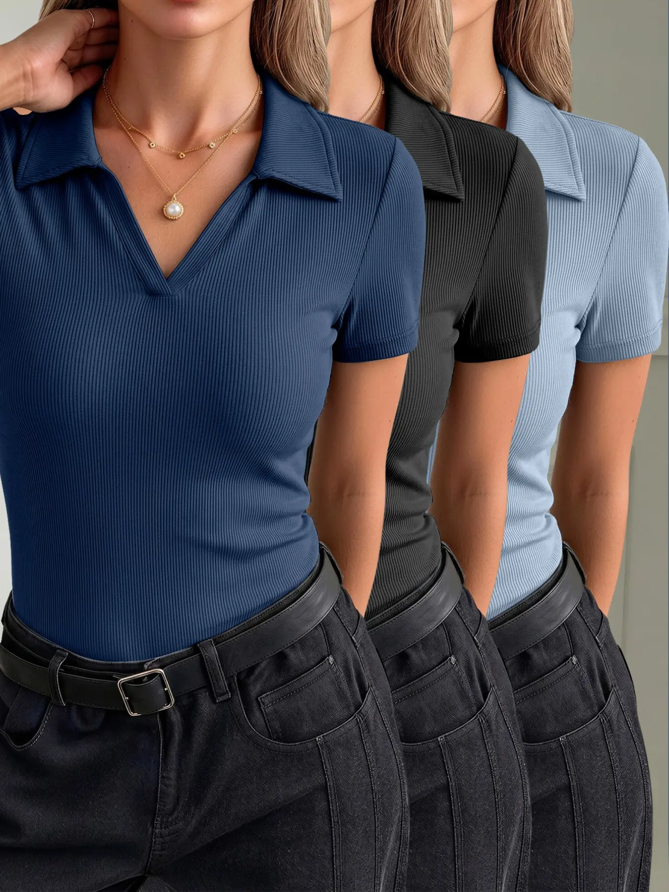 Women's Polo Neck Knit Ribbed Short Sleeve T-Shirt 3-Piece Set, Casual Fitted Basic Everyday Top, All Seasons Wear, Knitted Polo Shirt, Solid Color, Plain Surface