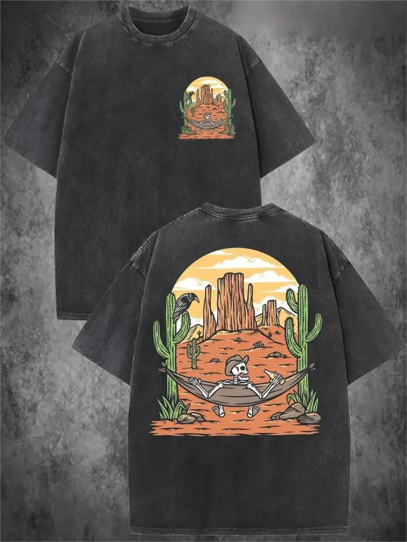 Men's Vintage Western Desert Washed Cotton T-Shirt - Soft Loose Fit Short Sleeve Tee with Skeleton Hammock & Southwest Geometric Pattern, Casual Style for all-Season