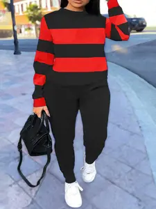Plus-size Women'S Sporty Casual Two-Piece Set, Striped Long Sleeve Top with Highly Elastic, Casual Jogger Pants, Casual Attire|Striped Top