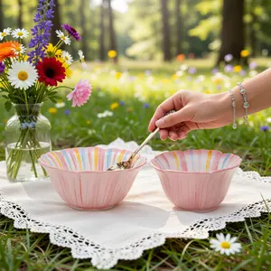 260ml Ceramic Ribbed Hand-painted Rainbow Stripe Floral Flower-shaped Bowls Set, Microwave-safe Disposable Home & Festive Tableware for Breakfast, Decor & Gift Use