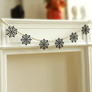 1PC Halloween Spider Web Hanging Decorations, Beaded Banner, Party Supplies, Haunted House Wall Hangings, Gothic Seasonal Decor