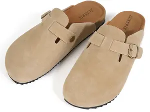 Womens Suede Clogs ,Leather Mules Cork Footbed Sandals with Arch Support,Comfort Slip on Sandals Soft Apricot