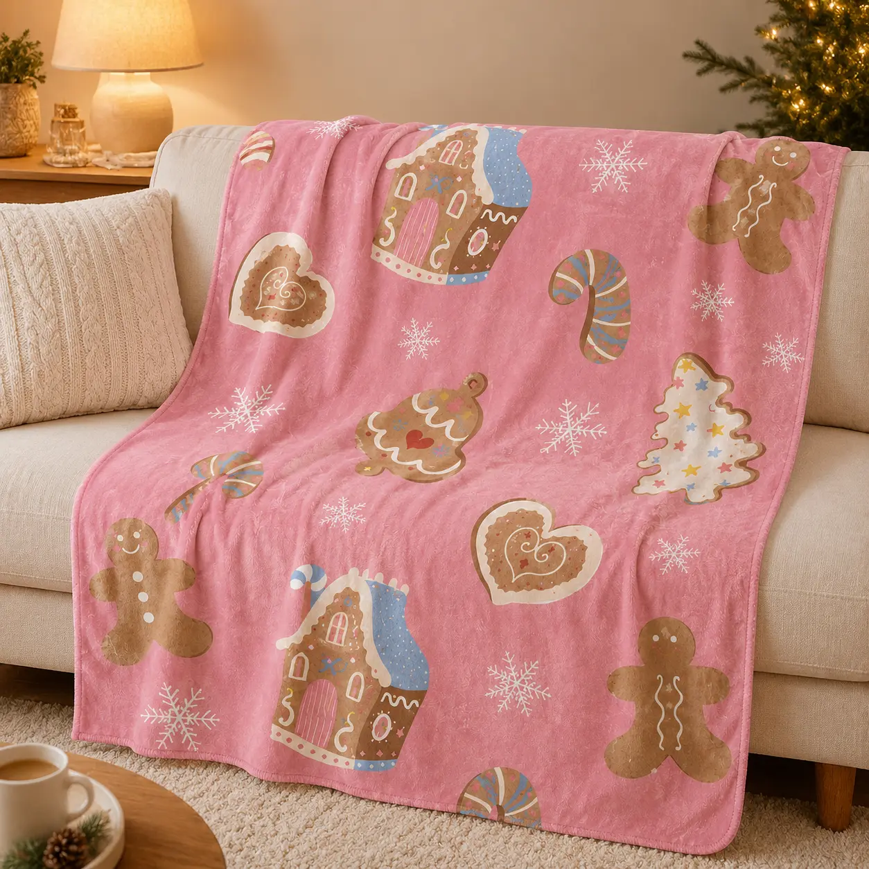 Pink Christmas Gingerbread Flannel Throw Blanket with Cookie, Candy Cane, Gingerbread House, Snowflake and Sweet Holiday Dessert Print, Soft Cozy Lightweight Fleece Blanket for Couch, Bed, Sofa and Travel, Cute Winter Gift for Kids, Teens and Adults