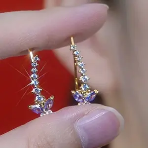 Shiny Niche and Unique Row Diamond Purple Butterfly Stud Earrings, DDES0150 New Style for Spring and Summer, Exquisite, Fashionable, Versatile, High-end Stud Earrings 14K Gold-Plated