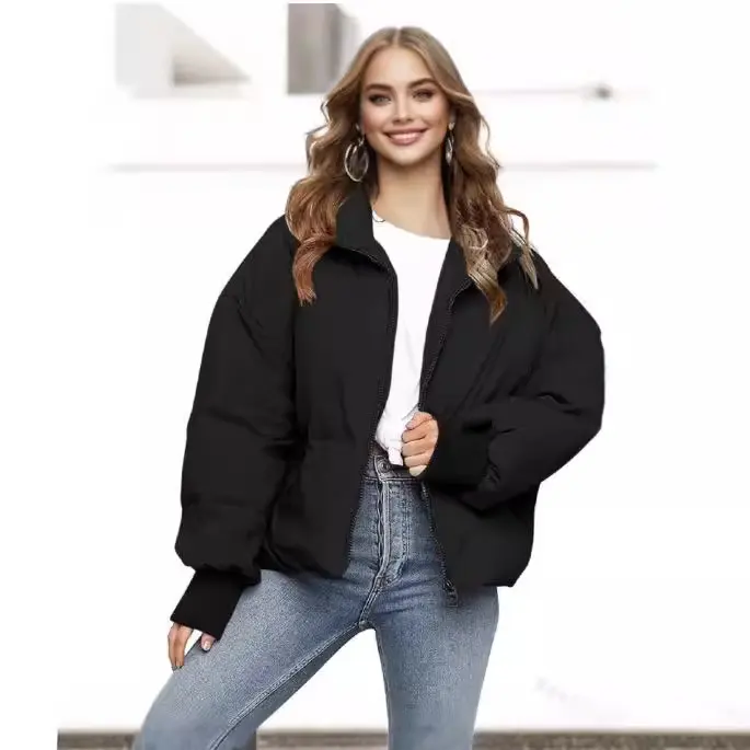 Black Puffer Cotton Jacket ,Women’S Winter Cropped Puffer Cotton Jacket Coat Casual Quilted Baggy Long Sleeve Zip Down Cotton Jackets Outerwear,Cropped Jacket Women-Quilted Jackets For Women