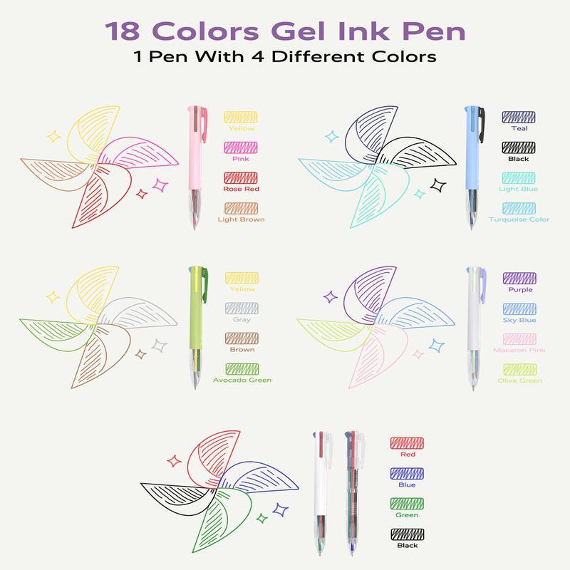 Four Candies 6PCS Multicolor Pen 0.5mm 4-in-1 Colored Pens 18 Colors Retractable Ergonomic Design for Students Nurses Office Supplies