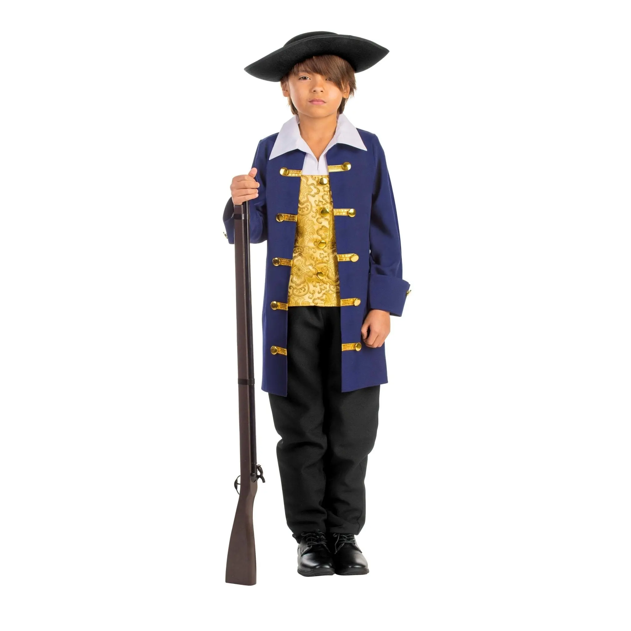 Colonial Costume Dress For Kids - Long Sleeves Navy Coat with Gold Vest & Pants - Boys Costume For Halloween, Role Play, Pretend Play Fun, Theme Party & Cosplay