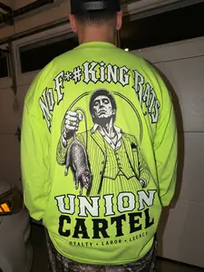 Men's Long Sleeve Shirt in High Visibility Safety Green, 'No F*#cking Rats' Graphic Print Tops for Blue-Collar Union Workers