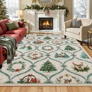 Christmas Living Room Large Area Rug, Cream Color Christmas Tree Carpet, Luxurious Vintage Home Decor, Pet Friendly Non-Slip Mat