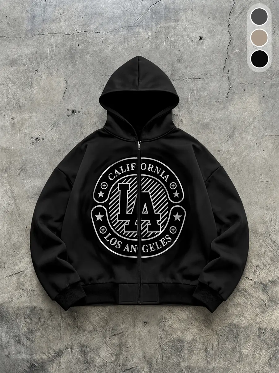 American vintage LA California patch hooded jacket | Streetwear loose-fit jacket with retro Los Angeles print