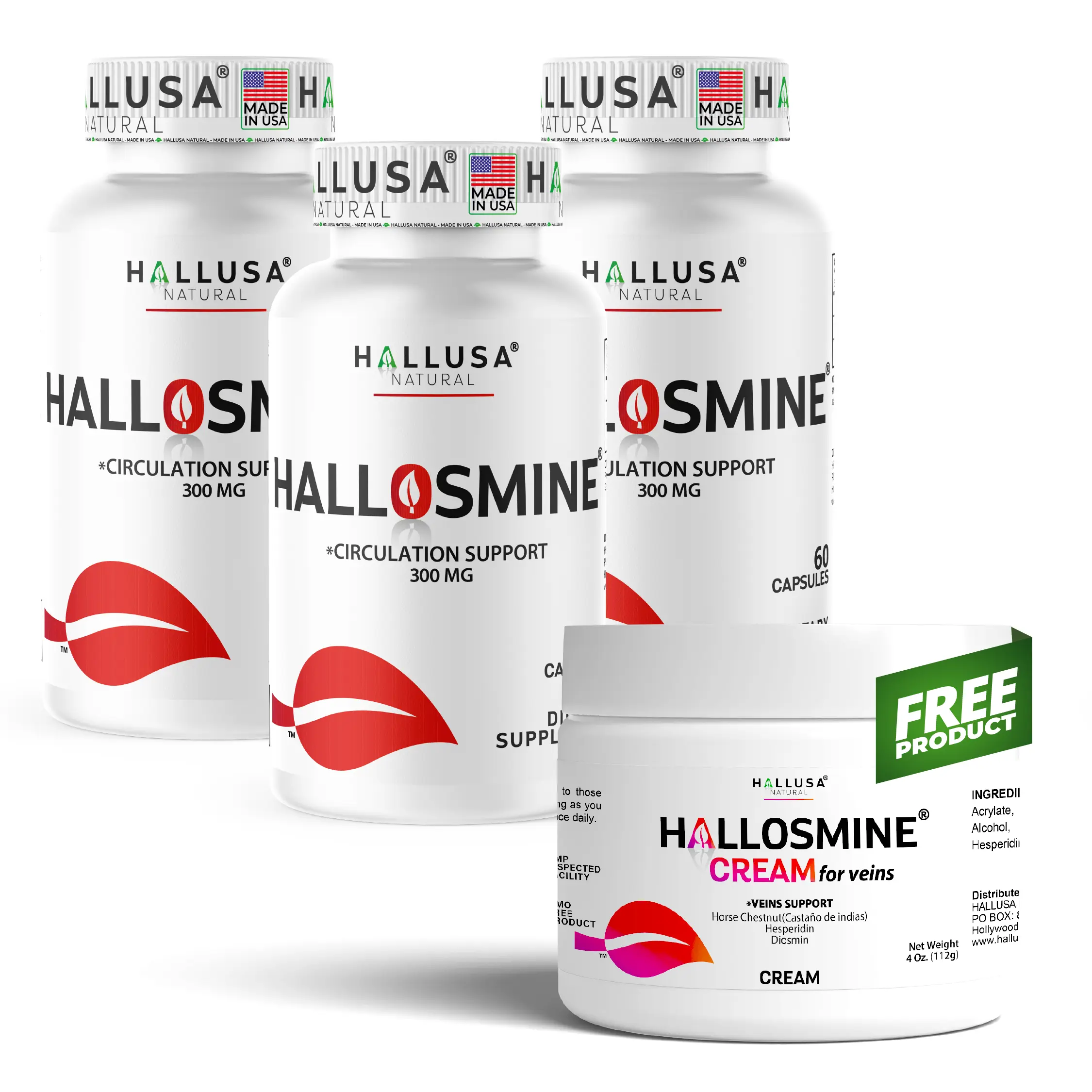 HALLUSA NATURAL HALLOSMINE Vein Care Supplement - 3-Month Supply, 180 Capsules, 300mg Diosmin, Circulatory Support, Free Cream, Tired Leg Relief, Optimum Blood Flow, Healthy Vein Function