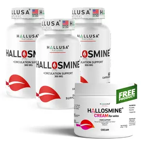 HALLUSA NATURAL HALLOSMINE x 3 Months + FREE Cream – Vein Health Support with Diosmin 300 mg – Tired Legs & Circulation Booster 180 Capsules – Dietary Supplement for Optimum Blood Flow