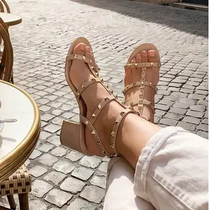 【16 MADDISON】Women's Gold Studded Ankle Strap Square Toe Chunky Heel Sandals, Open Toe High Heels, Women's Sandals, Suitable for Summer Parties, Weddings, Clubs, Dates, Festivals and Other Occasions. Decor Dance  Elegant