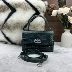 Pre-owned Balenciaga BB Dark Green Glossy Crocodile Embossed Calfskin Handbag 866