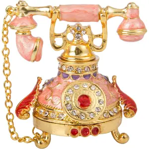 Vintage Small Pink Telephone Shaped Trinket Box with Rich Enamel and Sparkling Rhinestones Unique Gift for Family