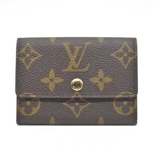 Pre-owned Louis Vuitton canvas Small Leather Goods $430 Monogram Porte Monnaie Plat Coin Purse Wallet Brown