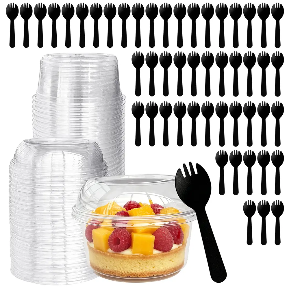 50 Packs 12-oz Disposable Clear Plastic Cups with Dome Lids and 50Pcs Spoons, Plastic Dessert Cups, Disposable Snack Bowls for Ice Cream, Cake, Snacks, Fruit, Cold