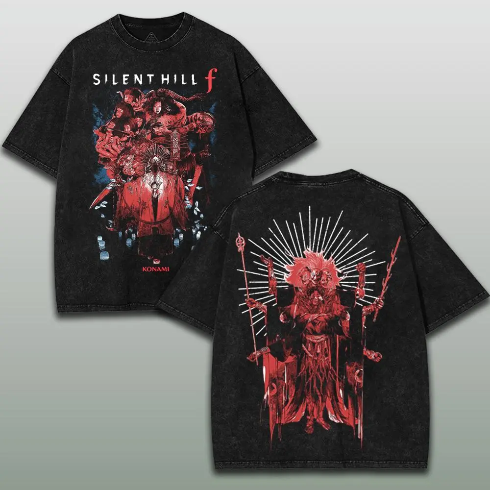 Silent Hill f Beauty in terror horror Game Washed Tshirt 2 Sided Cotton unisex Black game movie merch graphic tee Fabric Menswear Tops Casual graphic