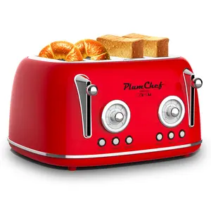 Plumchef 4 Slice Wide Slot Retro Style Toaster, Dual Control Toaster wtih Timer, 6 Browning Settings, Bagel/Defrost Functions, Removable Crumb Tray, Stainless Steel Housing, Matte Red