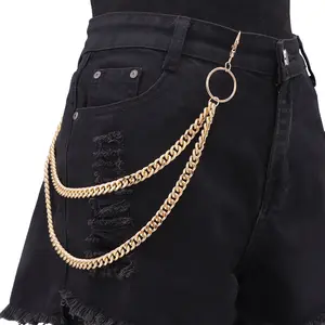 Trendy 2 Layer Gold Pants Chain, Minimalist Cuban Link Jean Waist Chain With Circle Ring, Streetwear Hip Hop Accessory For Men Women