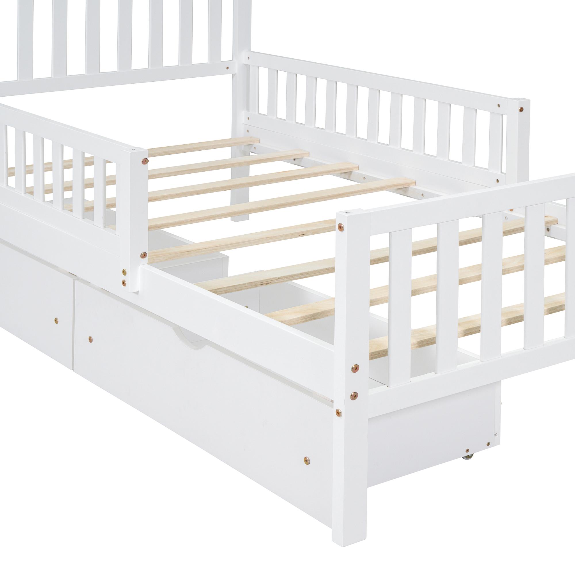 Eyisean Full Size Wooden Slat Support Platform Beds, Safety Bed Frame with Three-Side Guardrails, Space-Saving Daybed with Storage Drawers & Headboard, No Box Spring Needed, Easy Assembly for Bedroom
