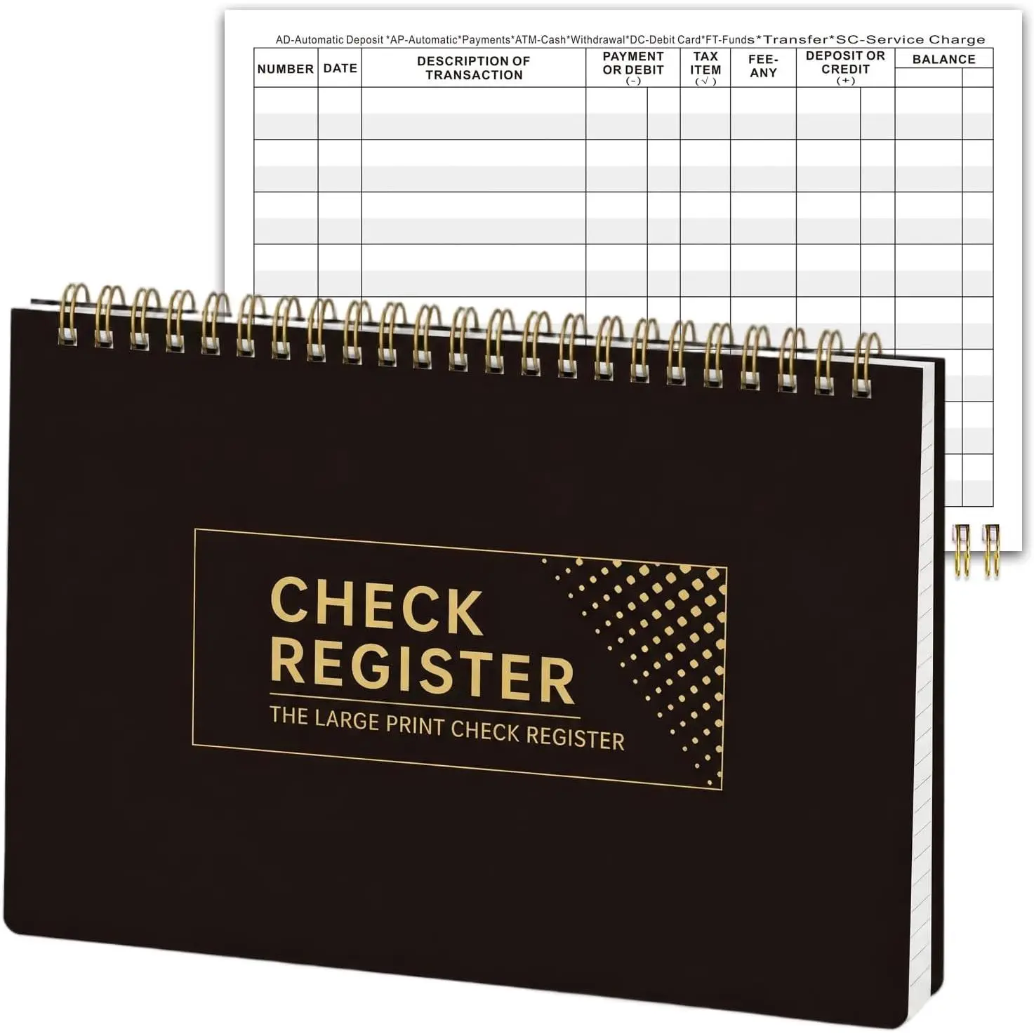 Check Registers for Personal Checkbook, Double Spiral Check Register Book, Budget Planner 5.7" x 8.4"- Golden Black