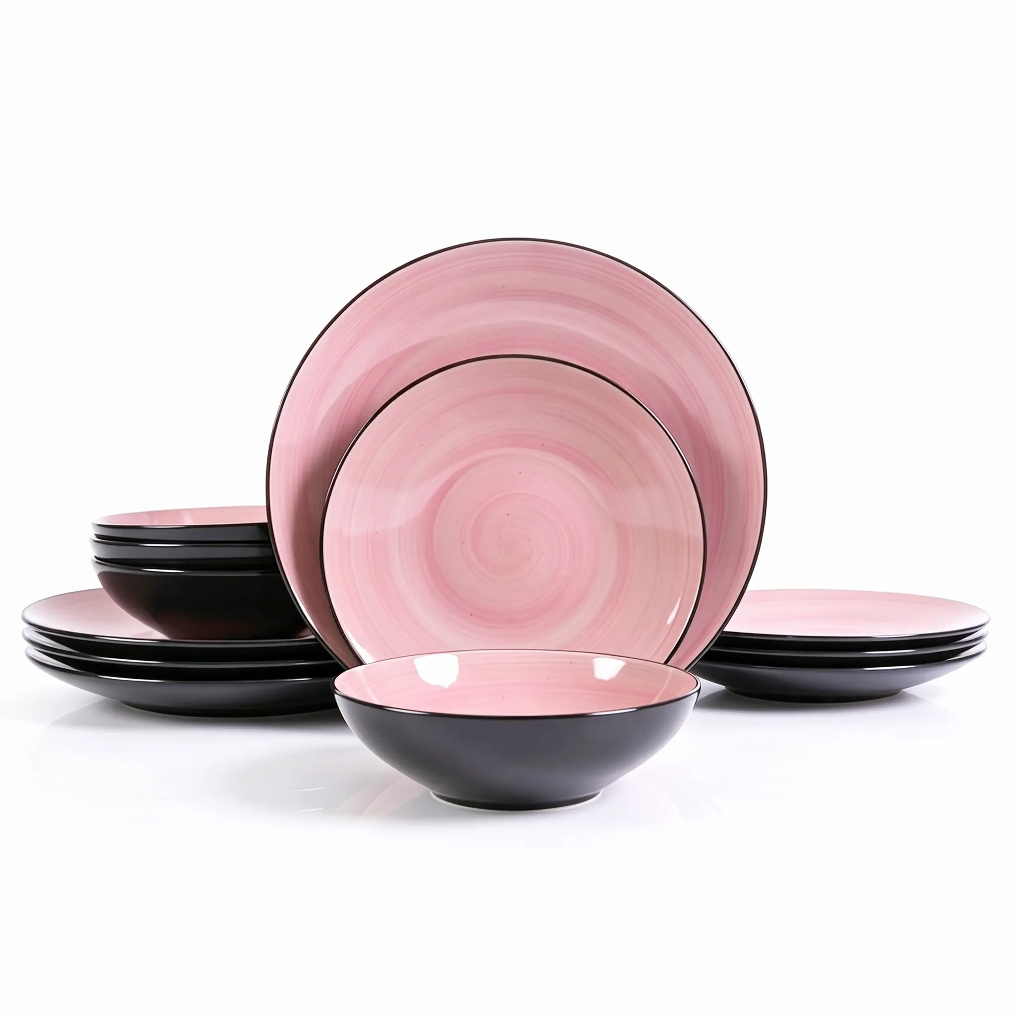 HomeVSS 12-Piece Hand-Painted Sonoma Stoneware Dinnerware - Plates & Bowls (No Mugs) for Kitchen Tableware Use
