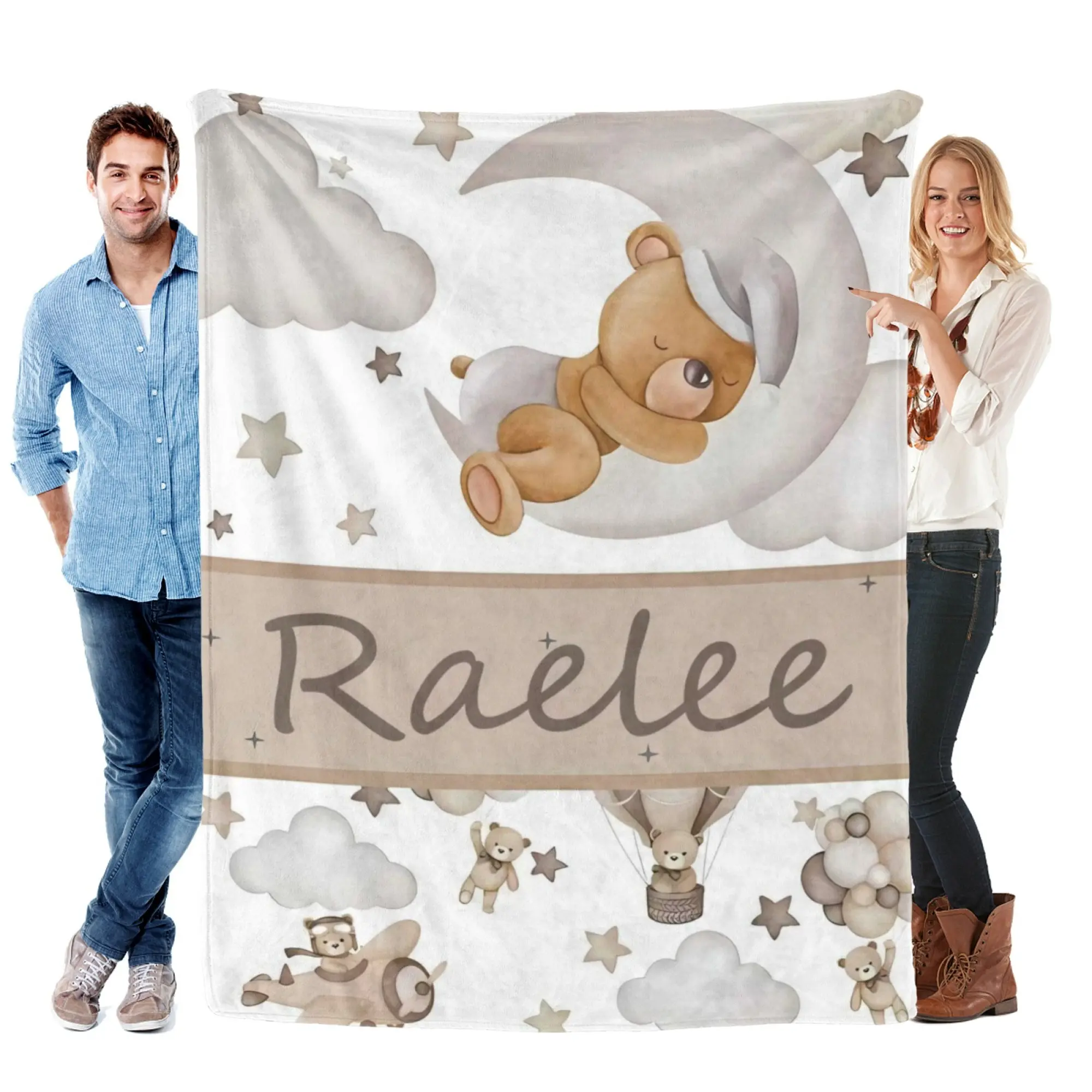 Personalized Cozy Flannel Baby Throw Blanket - Cute Teddy Bear-Moon-Cloud-Air Balloon Print, Custom Name Option, Lightweight All-Season Bedding, Baby Theme Room/House Decor for Couch Sofa Bed, Great Gift for Expecting Moms