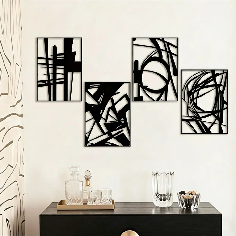Abstract Metal Wall Art, 4 Counts/set Minimalist Line Metal Sculpture, Geometric Pattern Design, Modern Artistic Wall Decor for Home Living Room Bedroom Office, Modern Home Decoration, Poster