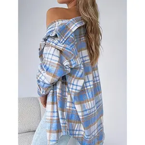 Women's Casual Flannel Plaid Shacket Button Long Sleeve Shirt Jacket Coats with Pockets Tops Womenswear